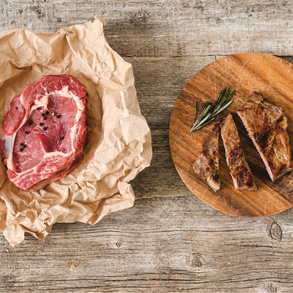 Raw boneless steak and cooked steak showing meat shrinkage from cooking.