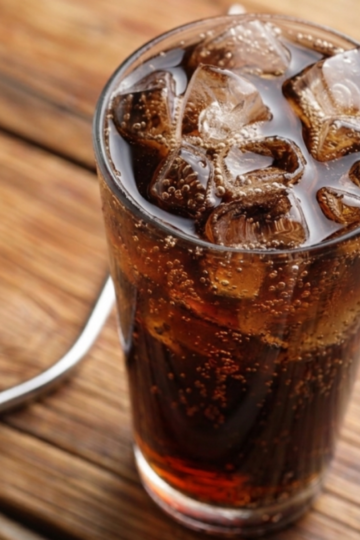Tall glass of cola over ice on a wooden table