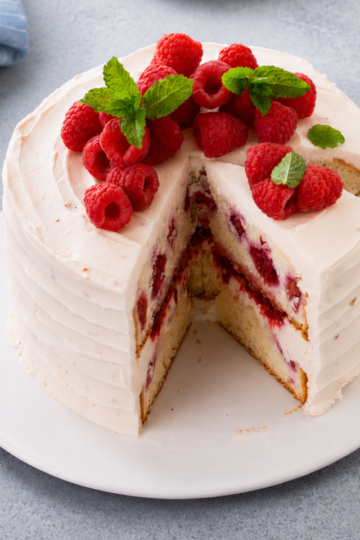 Two-layer round cake topped with raspberries and mint, with one slice cut out showing the layers inside.