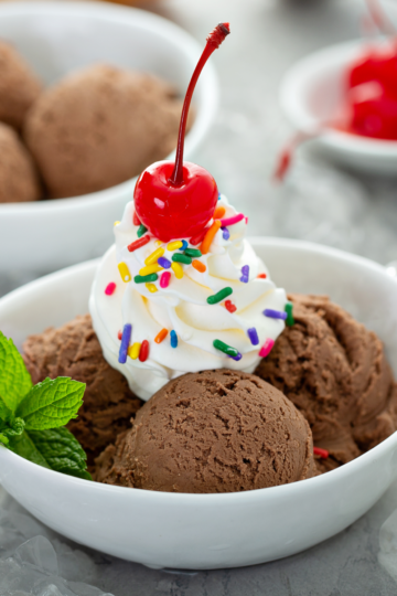 Bowl of chocolate ice cream scoops topped with whipped cream, rainbow sprinkles, and a cherry — how much ice cream per person to serve at a party.